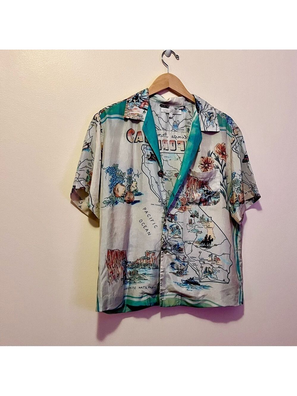 Burning Torch LA 100% Silk California Map Shirt M Camp Collar